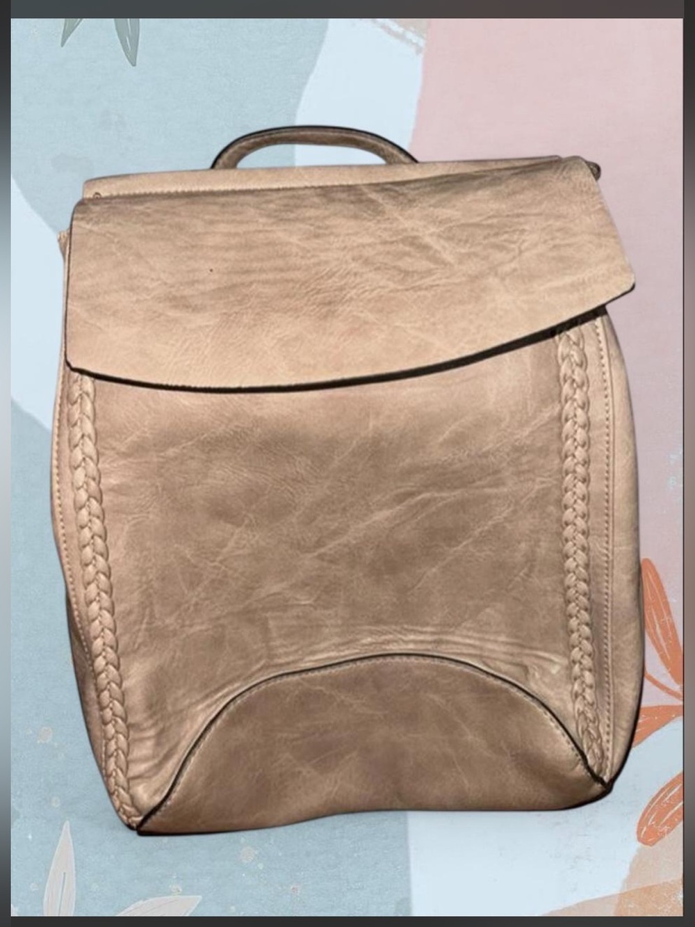 Source Unknown Beige Taupe Women’s Leather Backpack Purse with Braided Trim